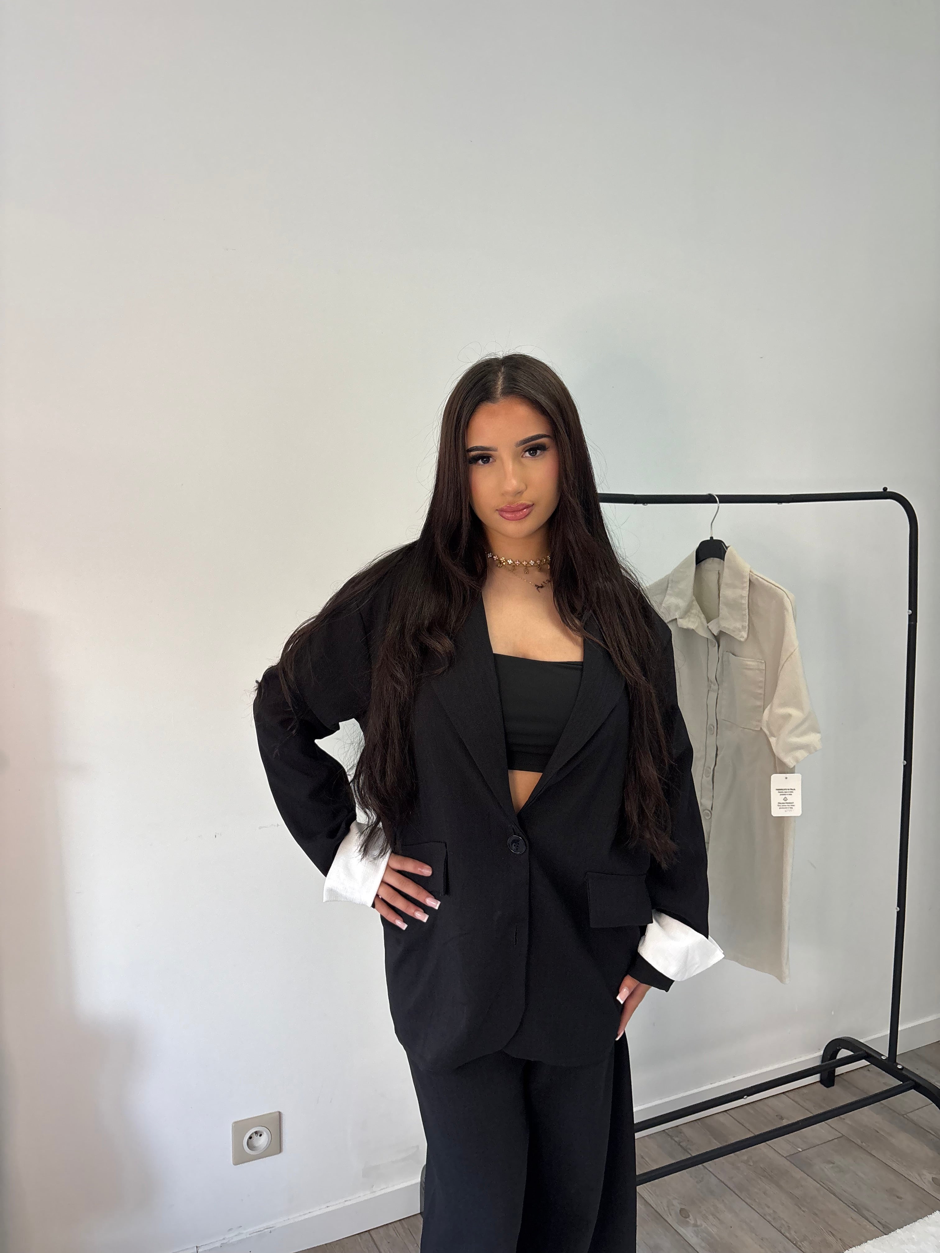 Ensemble Nelia tailleur effet lin noir